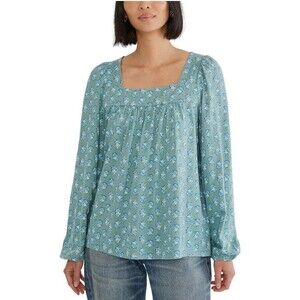 Lucky Brand Blue Floral Boho Cottage Square Neck Balloon Sleeve Peasant Top